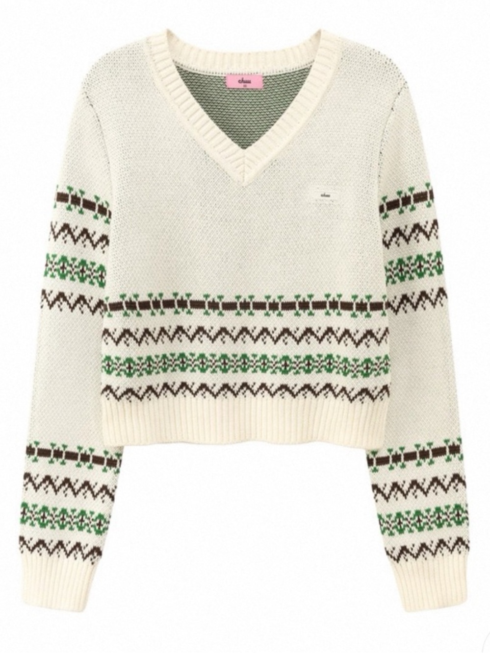 Cream V-Neck Fair Isle Pattern Sweater